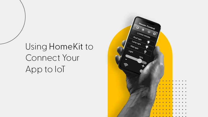 Hand holding smartphone with HomeKit interface for iOS app development and IoT connection